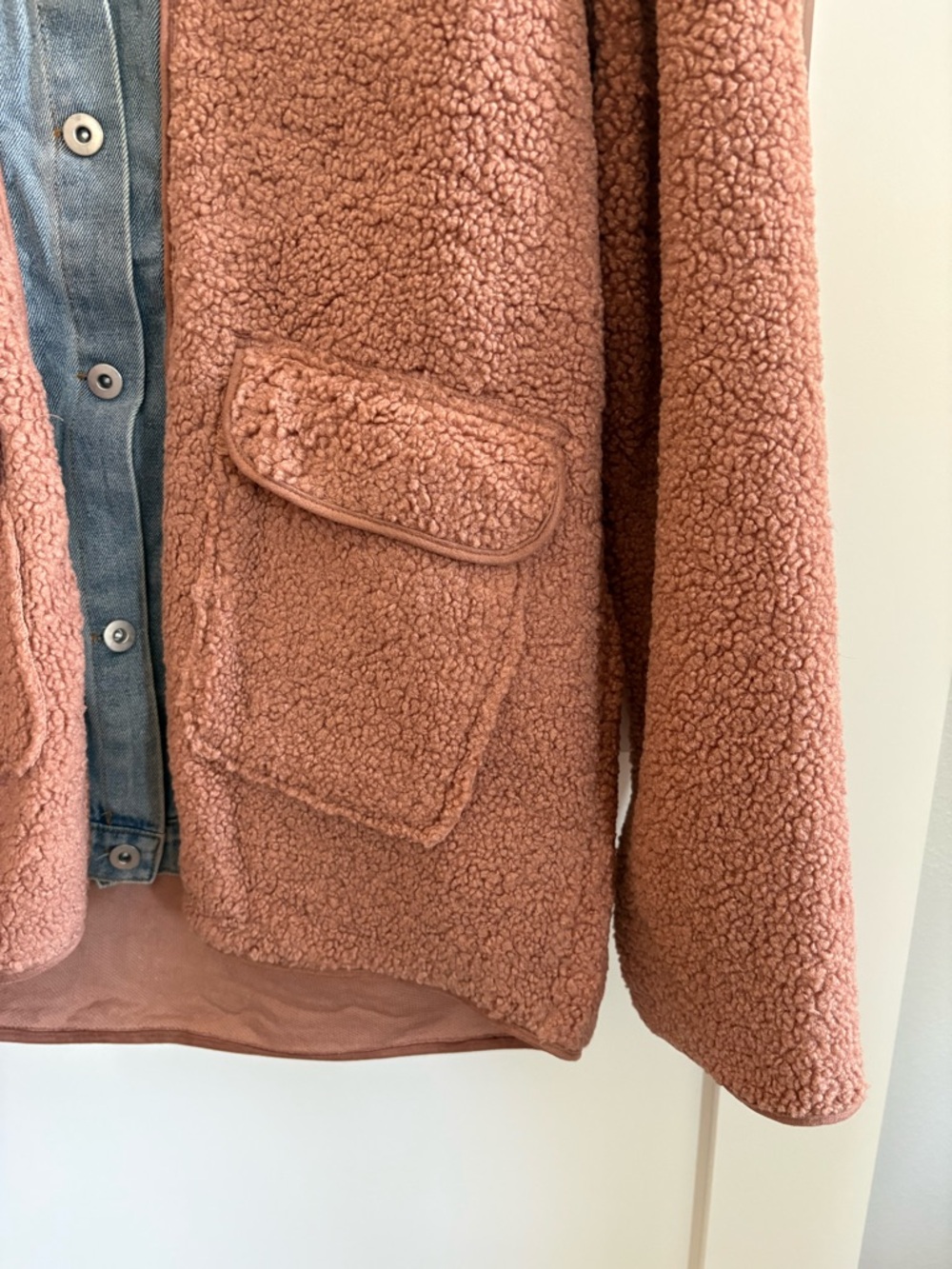 Very J Dusty Rose Teddy + Denim Detail Button Up Shacket Jacket | New with tags! - Picture 4 of 6